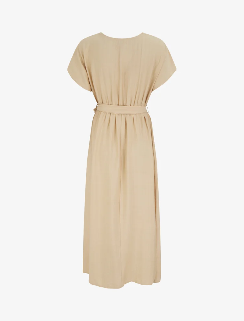 Robe longue manches courtes à col fantaisie - Beige