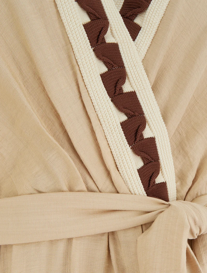 Robe longue manches courtes à col fantaisie - Beige