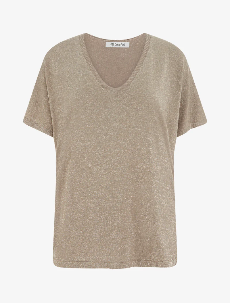 Top ample manches courtes en maille fine irisée - Taupe