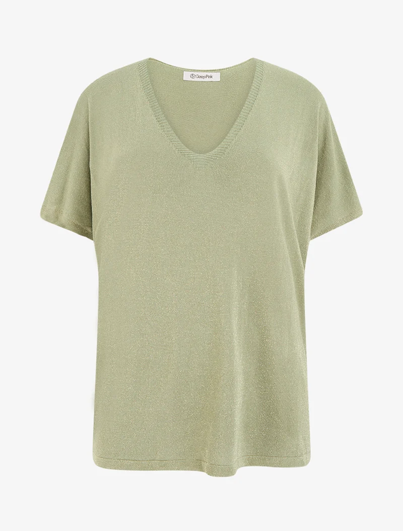 Top ample manches courtes en maille fine irisée - Kaki