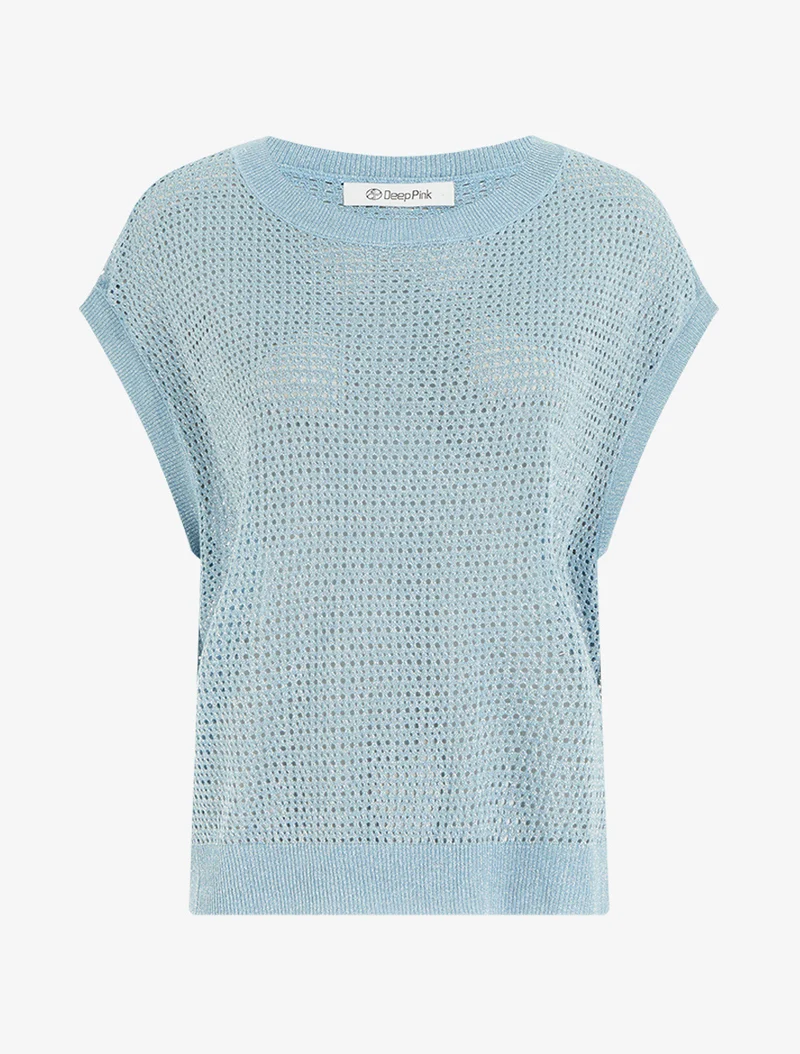 Top en maille fine ajouré et irisé - Bleu ciel