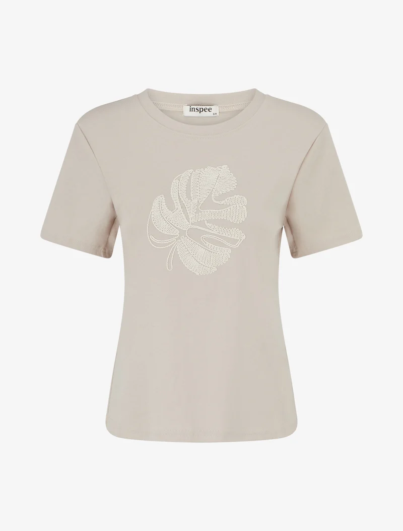 T-shirt uni à broderie feuille - Beige