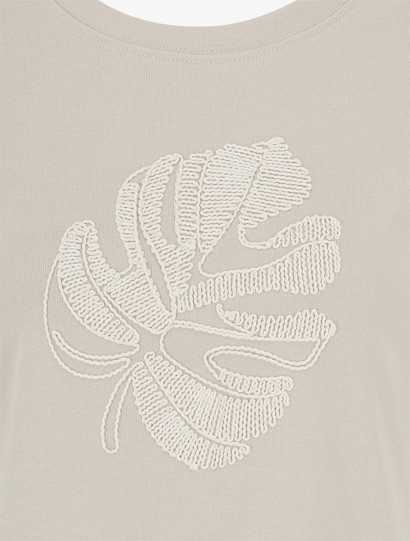 T-shirt uni à broderie feuille - Beige