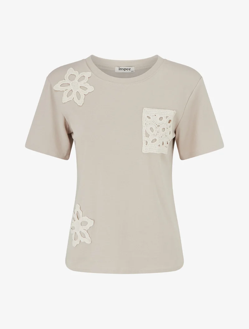 T-shirt manches courtes à poche brodée - Beige