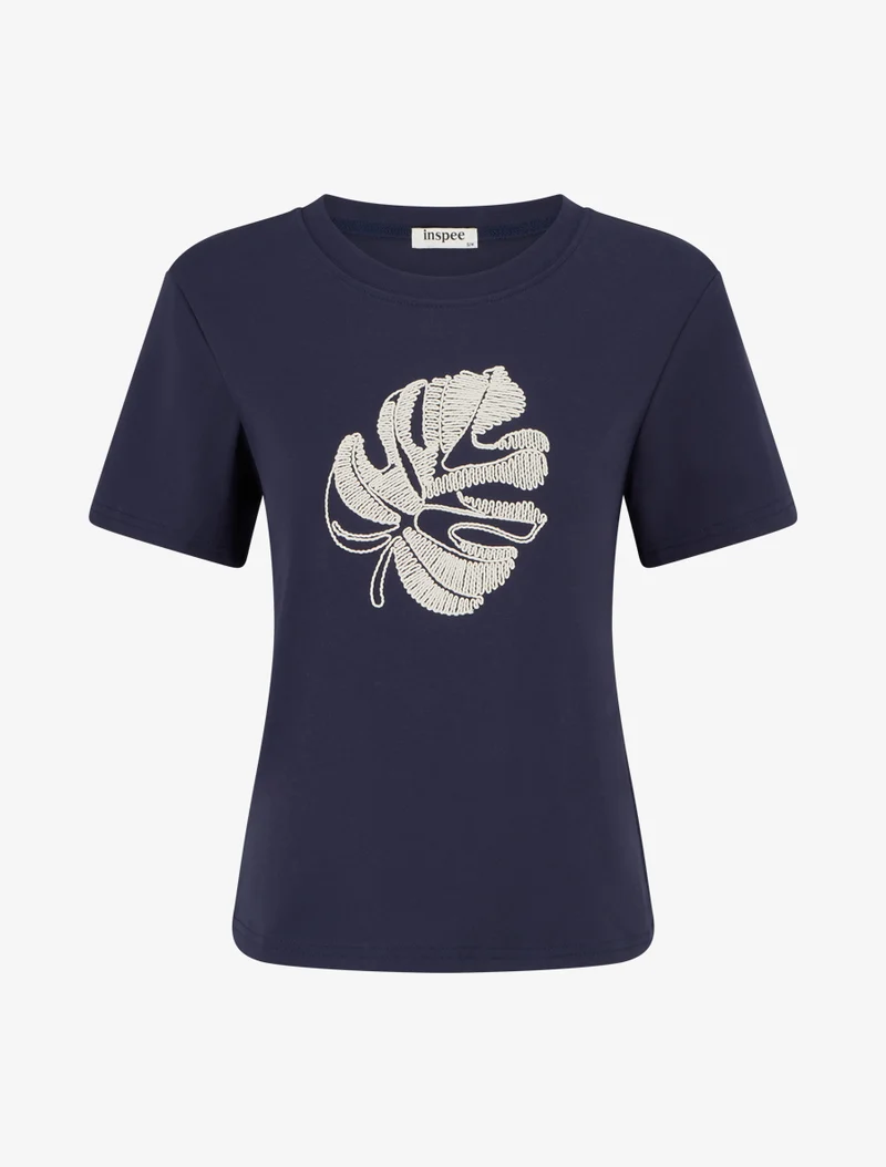 T-shirt uni à broderie feuille - Marine