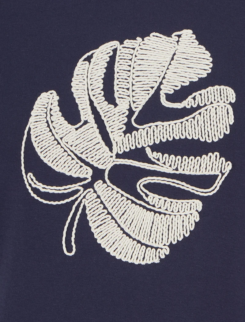 T-shirt uni à broderie feuille - Marine