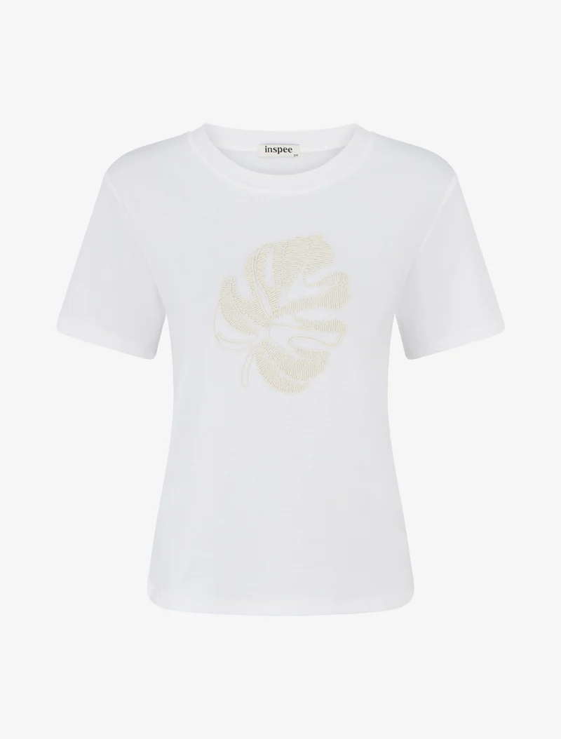 T-shirt uni à broderie feuille - Blanc