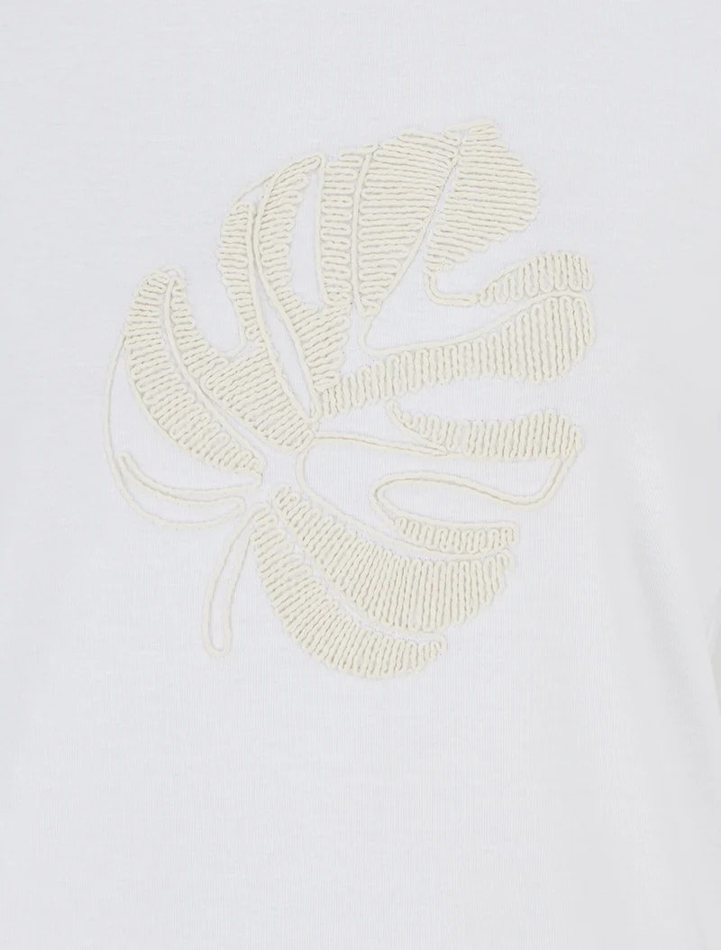 T-shirt uni à broderie feuille - Blanc