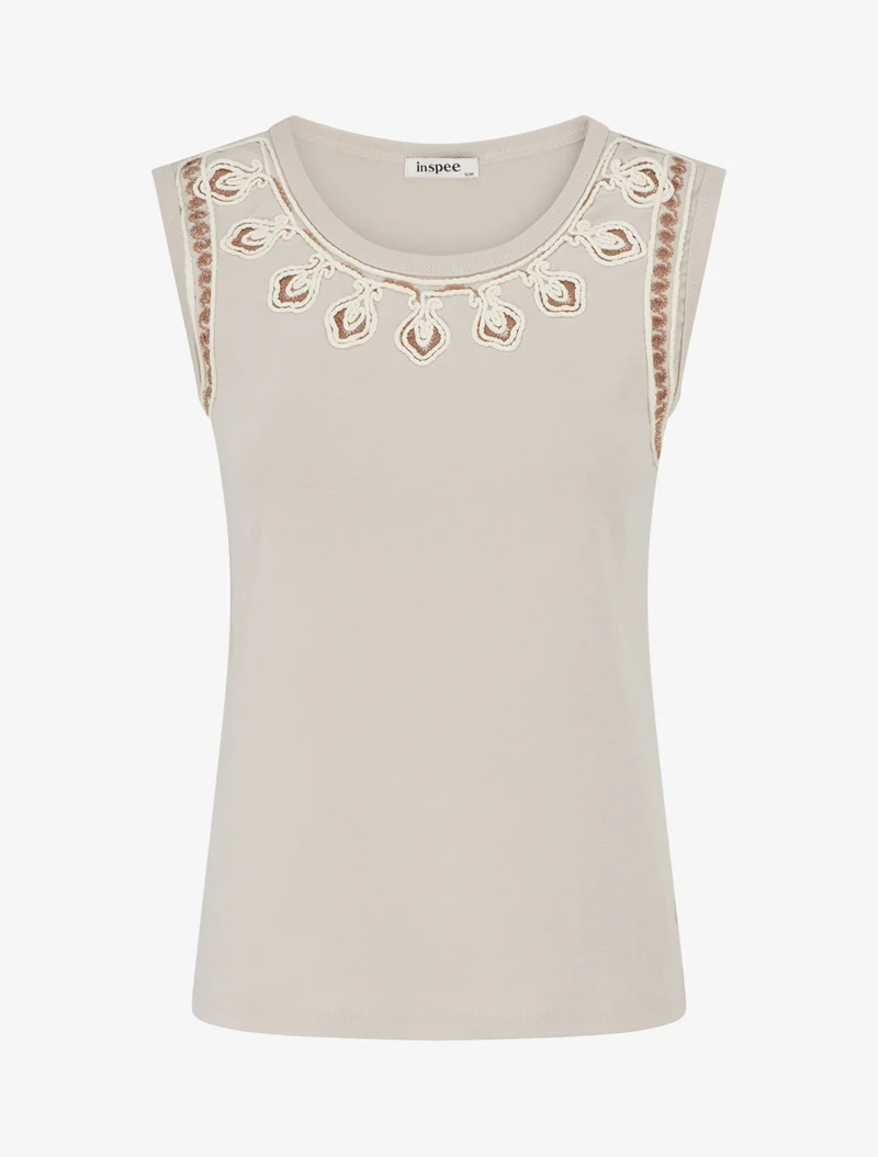 T-shirt uni sans manches à col stylisé - Beige