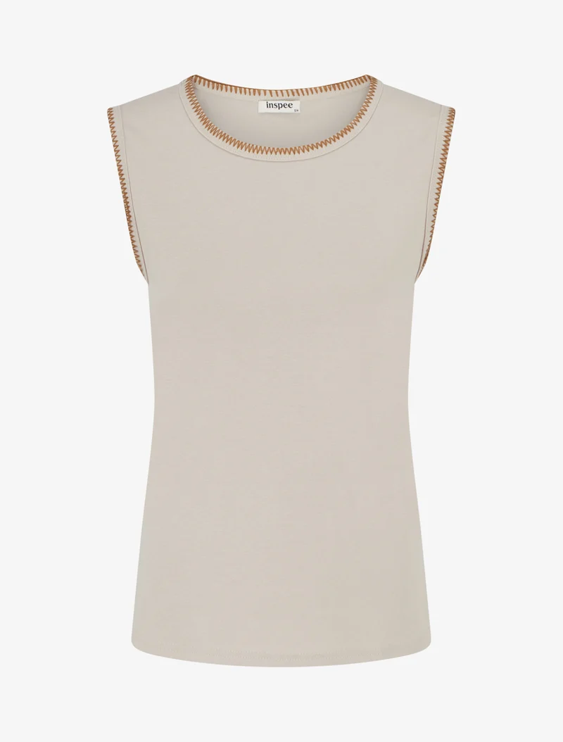 T-shirt uni sans manches à détail broderies - Beige