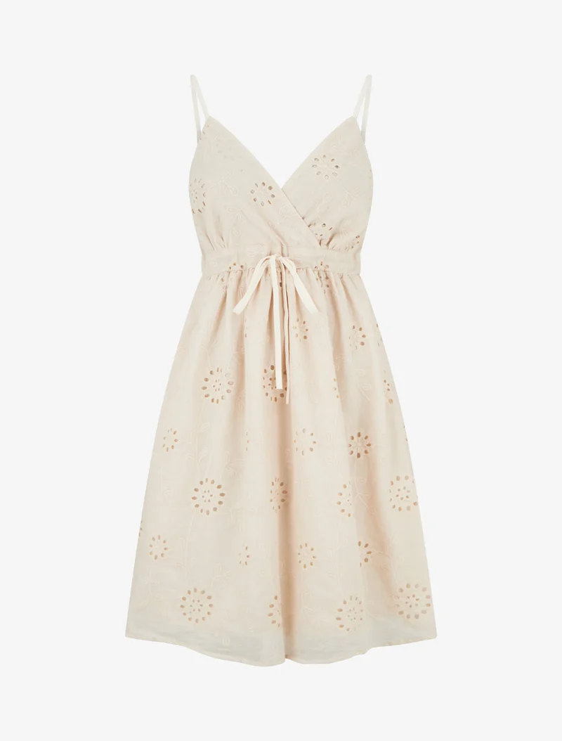 Robe mi-longue à motif floral ajouré - Beige
