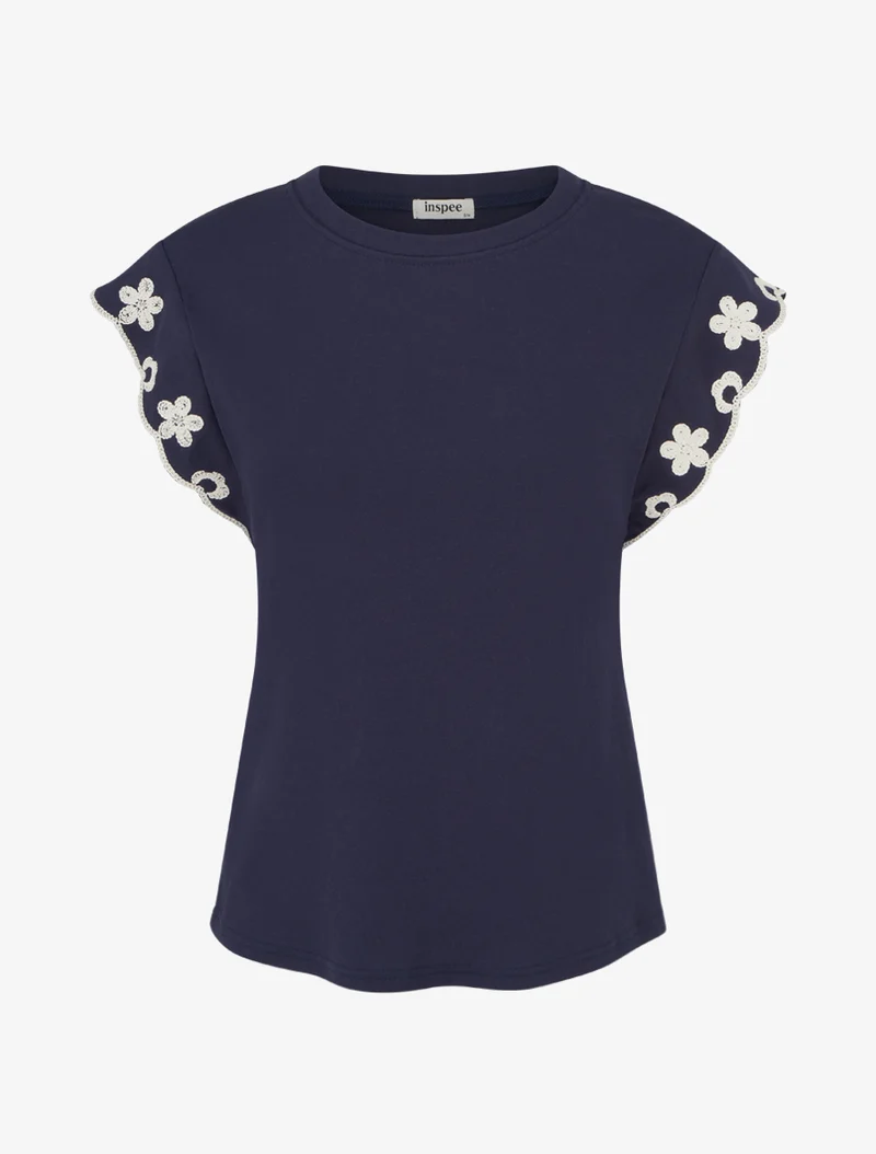 T-shirt uni à motif floral - Marine