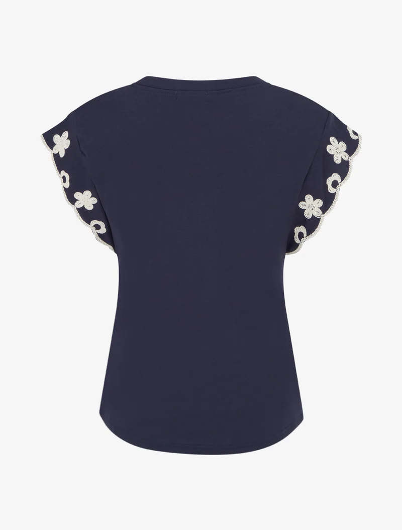 T-shirt uni à motif floral - Marine
