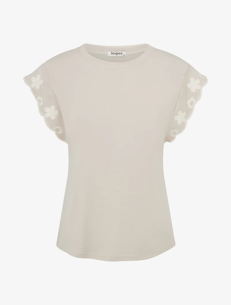 T-shirt uni à motif floral - Beige
