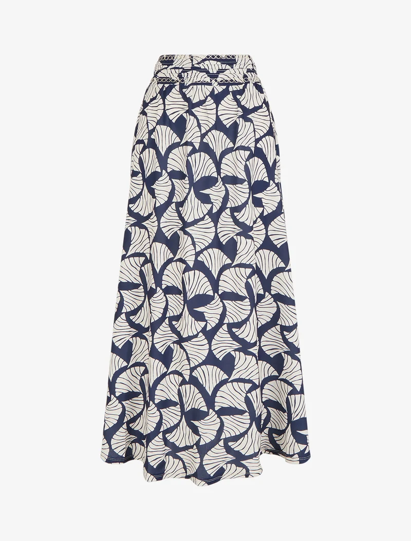 Jupe longue imprimé ginkgo à détail brodé - Marine