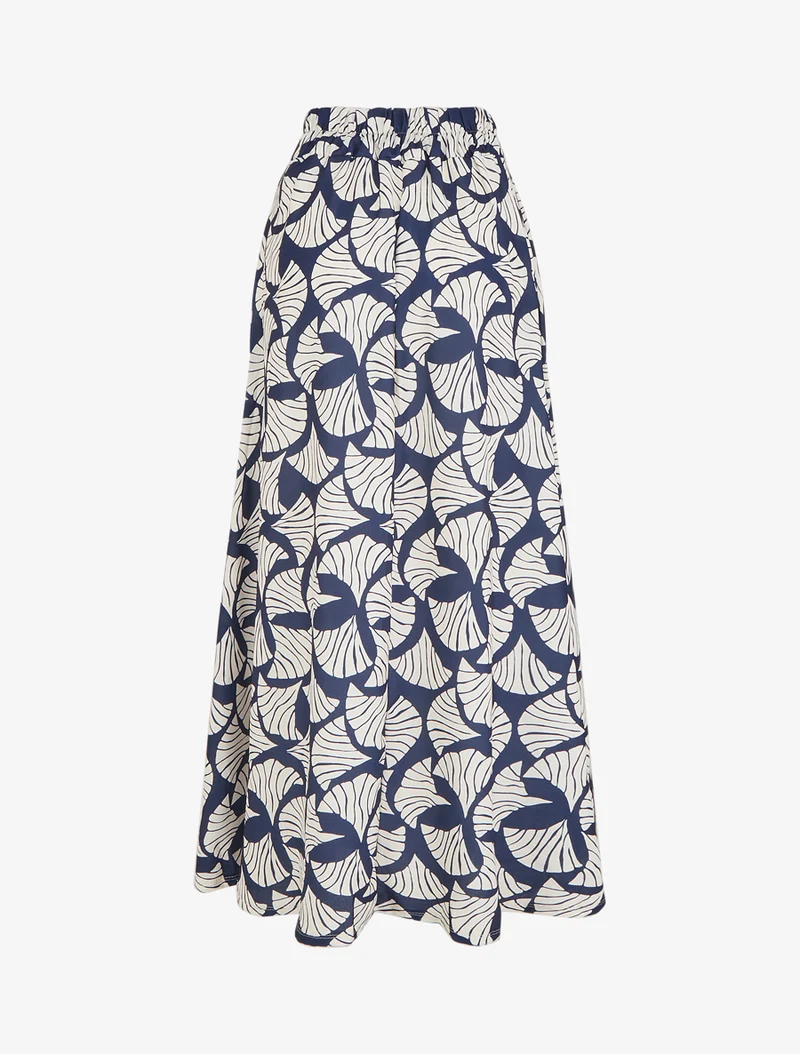 Jupe longue imprimé ginkgo à détail brodé - Marine