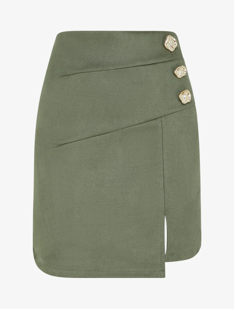 Jupe en suédine fendue à boutons dorés - Vert