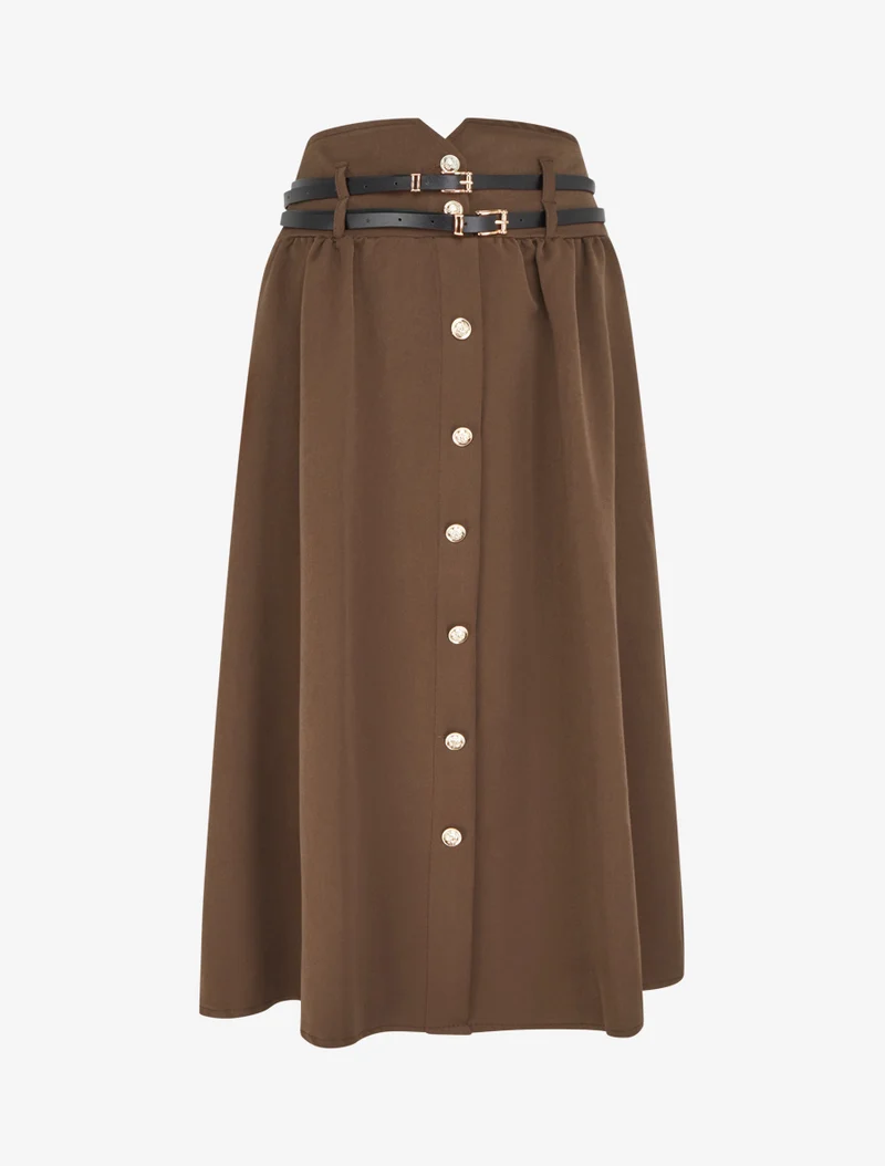Jupe midi à double ceintures - Marron
