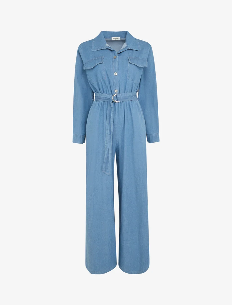 Combinaison en denim à taille élastiquée - Bleu clair