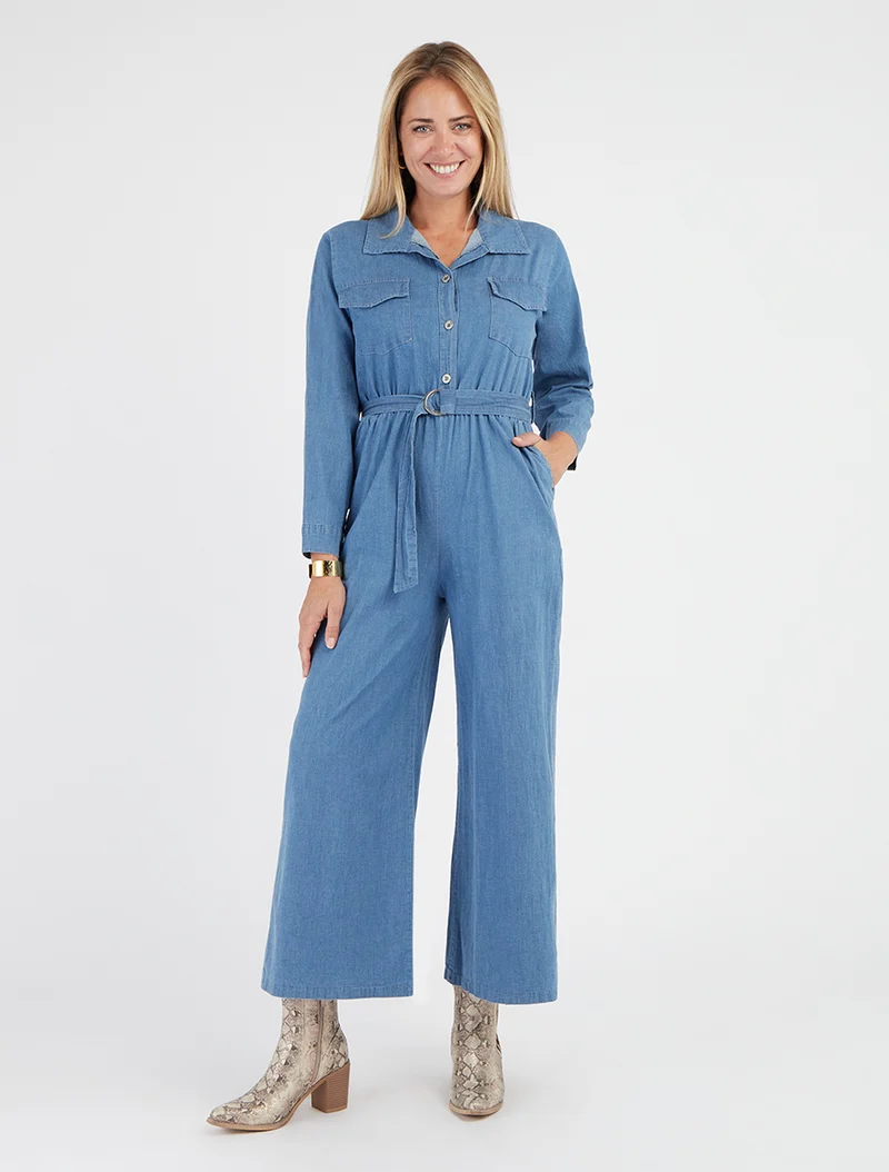 Combinaison en denim à taille élastiquée - Bleu clair