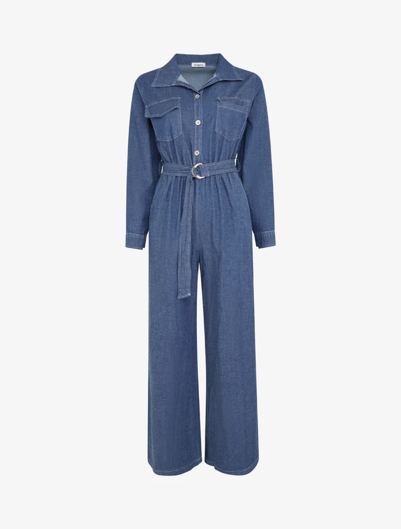Combinaison en denim à taille élastiquée - Bleu denim