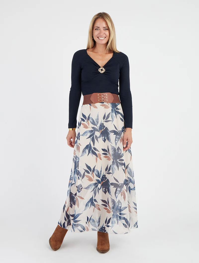 Jupe longue imprimé feuillage fantaisie - Marine