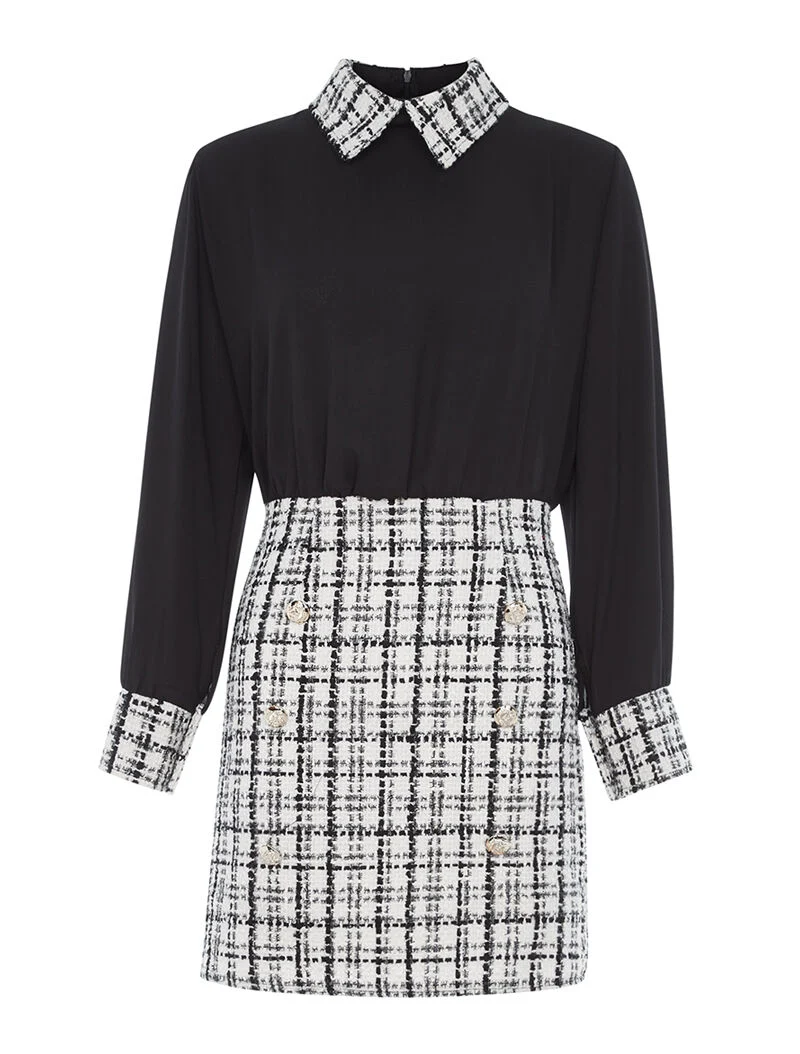 Robe à carreaux col Claudine - blanc et noir