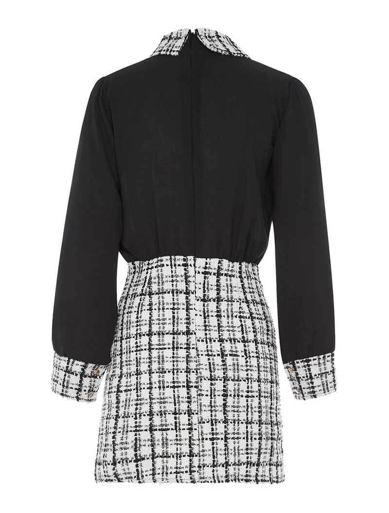 Robe à carreaux col Claudine - blanc et noir