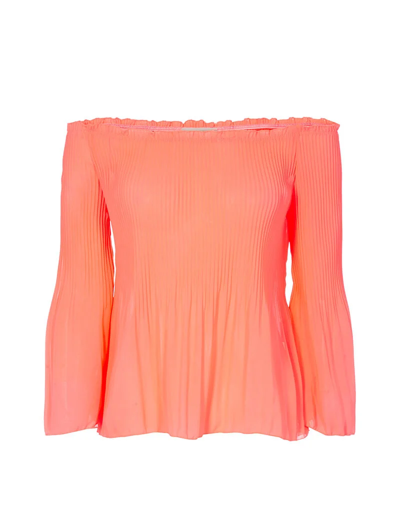 Top plissé épaules nues - orange fluo