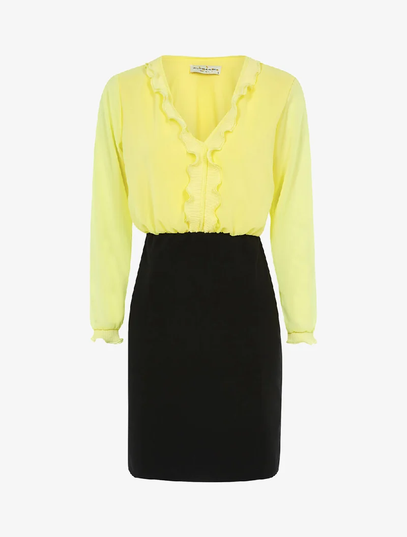 Robe à buste volanté - jaune fluo/noir