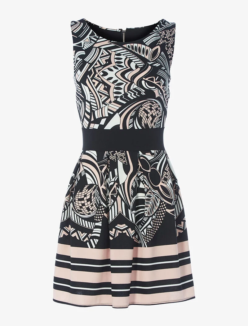 Robe évasée imprimé floral graphique - noir/rose