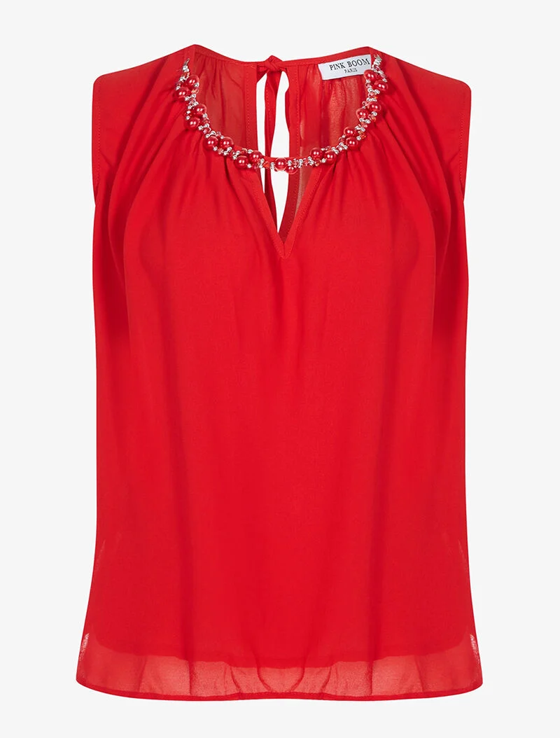 Top en voile à encolure perlée - rouge