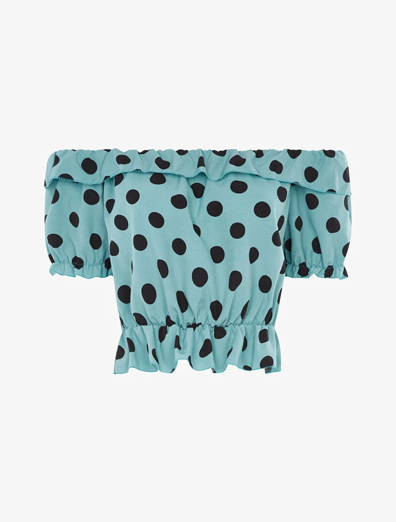 Crop top satiné à pois - turquoise
