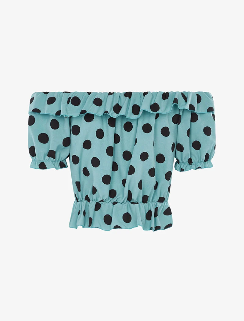 Crop top satiné à pois - turquoise