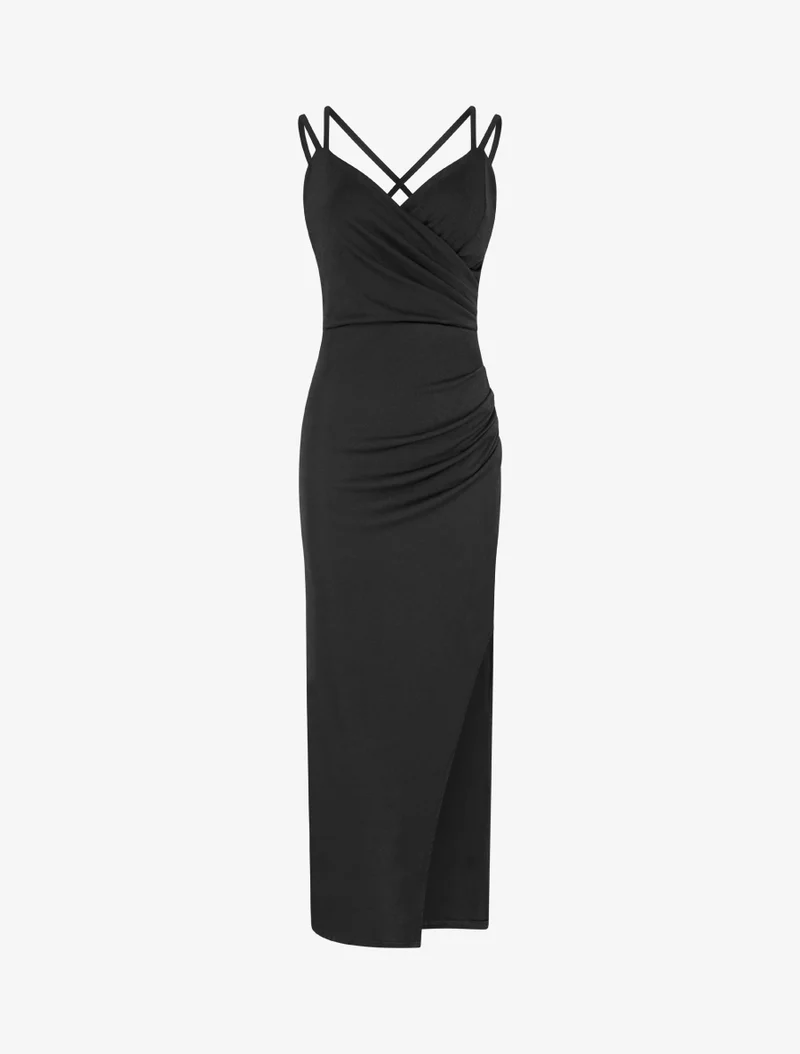 Robe longue ajustée à fente et bretelles - Noir