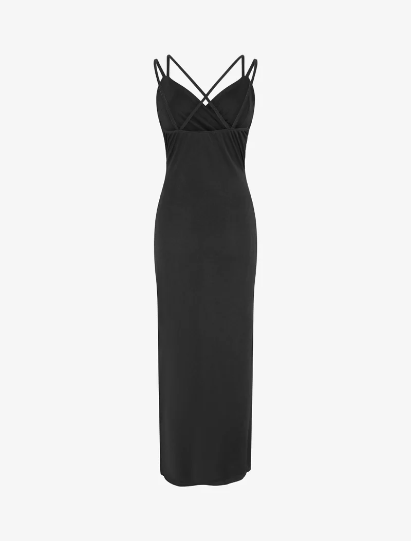 Robe longue ajustée à fente et bretelles - Noir