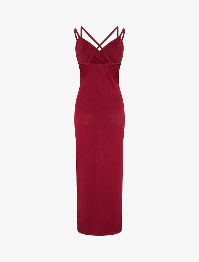 Robe longue ajustée à fente et bretelles - Bordeaux