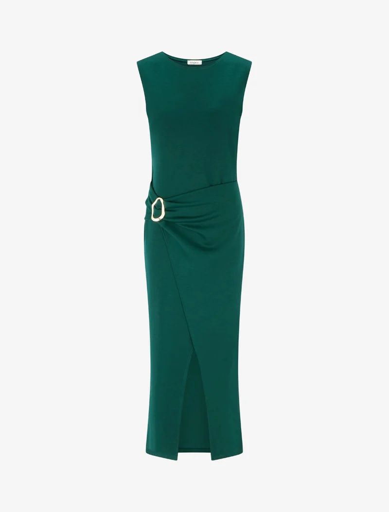 Robe longue fendue à empiècement bijou - Vert sapin