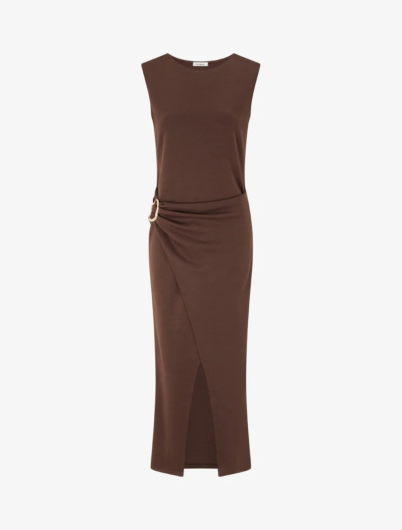 Robe longue fendue à empiècement bijou - Marron