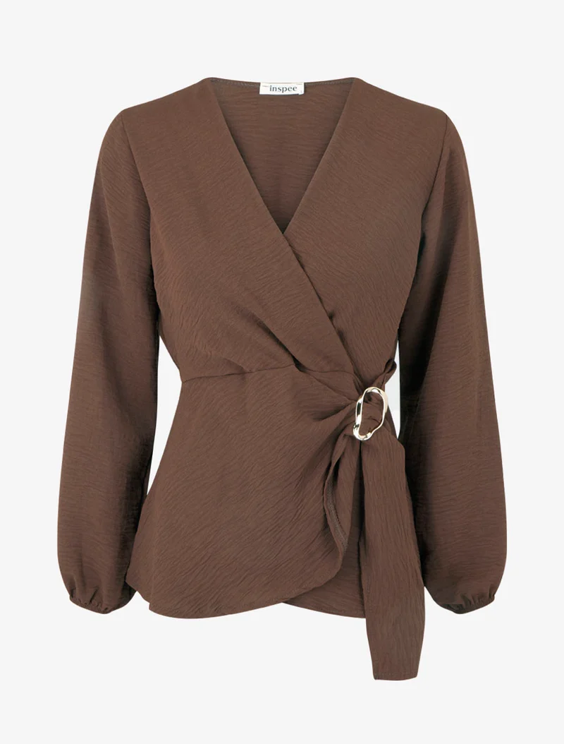 Blouse unie style portefeuille à col cache-coeur - Marron