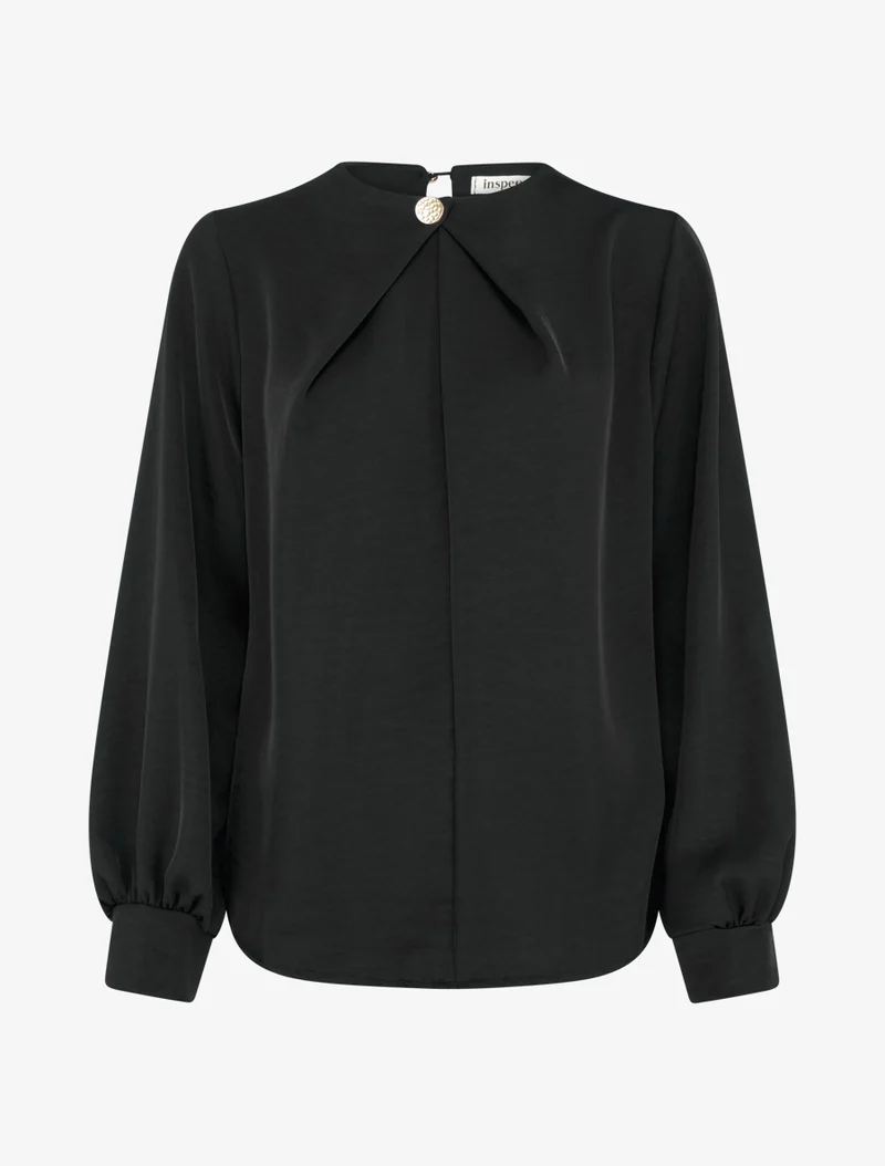 Top satiné à manches longues et col boutonné - Noir
