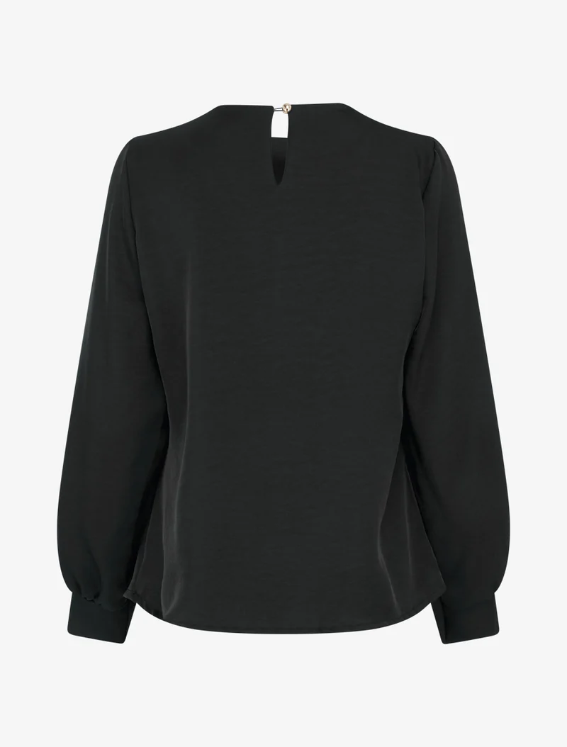 Top satiné à manches longues et col boutonné - Noir