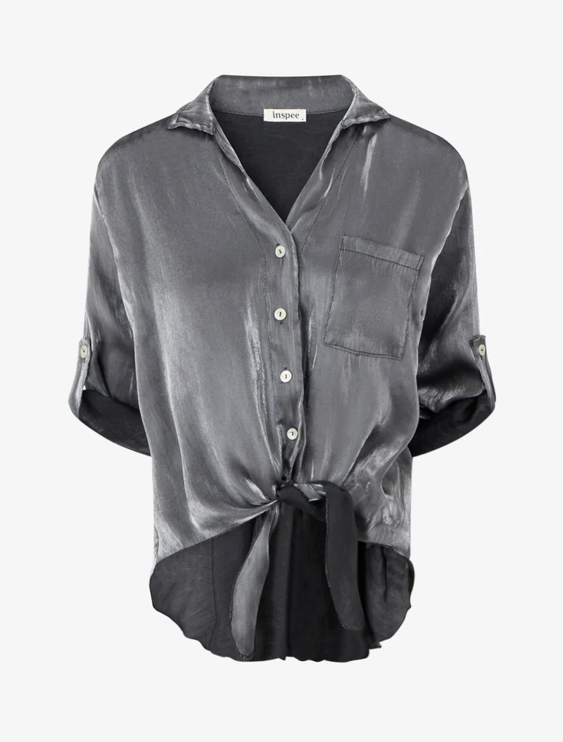Chemisier asymétrique nacré à nouer - Noir