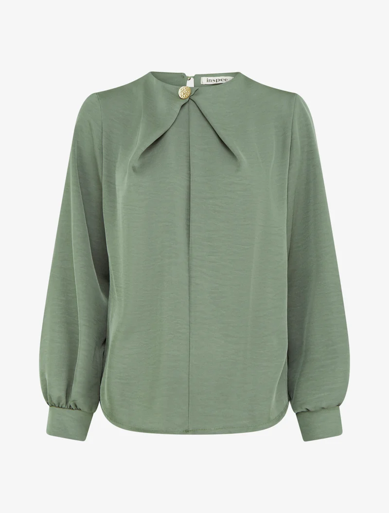 Top satiné à manches longues et col boutonné - Kaki