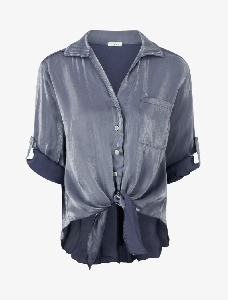 Chemisier asymétrique nacré à nouer - Bleu