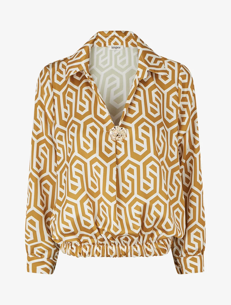 Blouse satinée imprimé rétro - Jaune moutarde