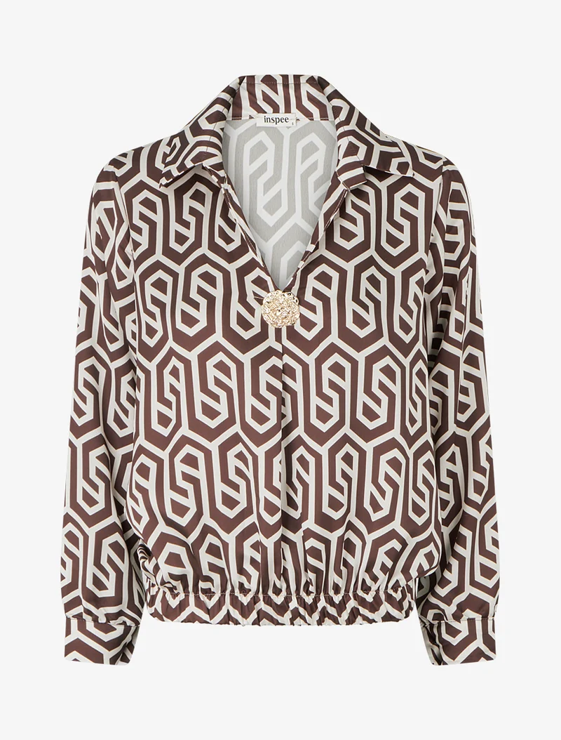 Blouse satinée imprimé rétro - Marron