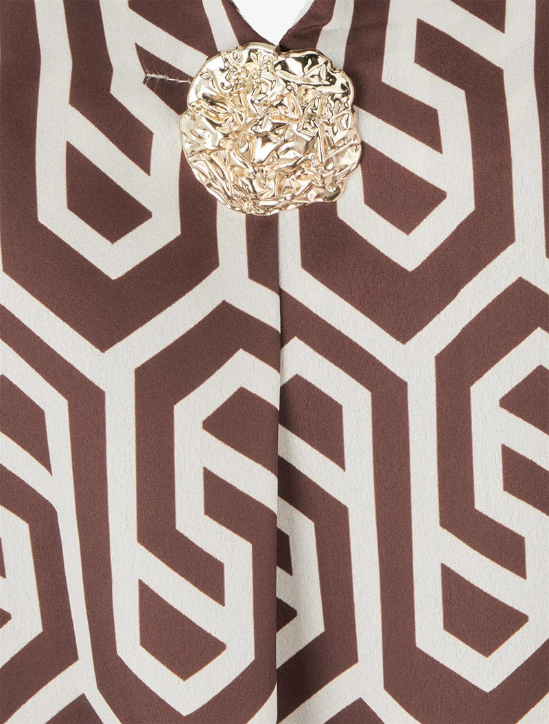 Blouse satinée imprimé rétro - Marron