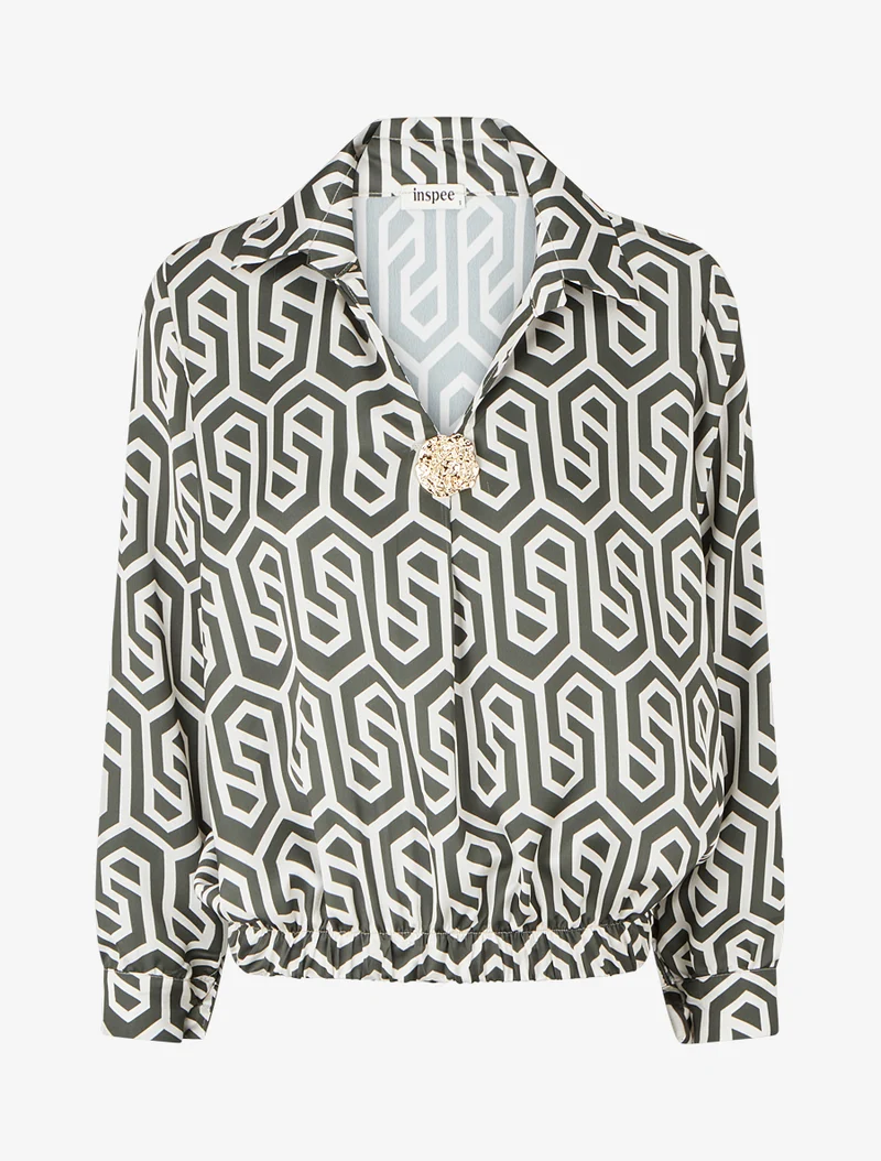 Blouse satinée imprimé rétro - Kaki