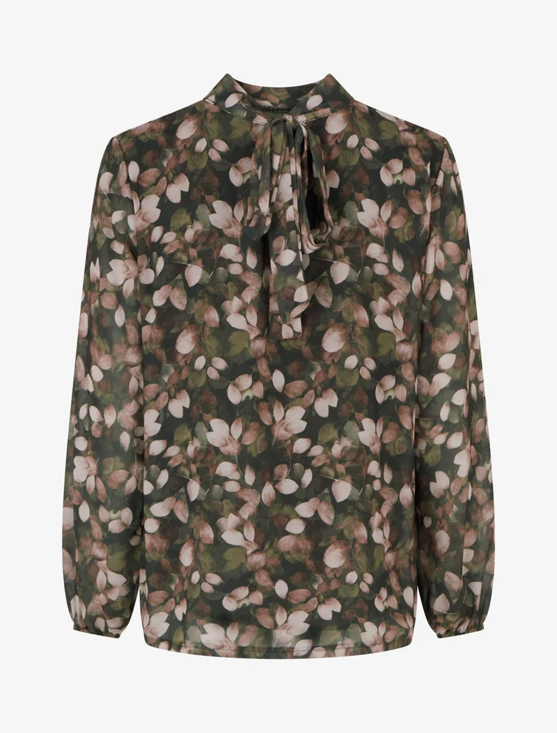 Blouse fluide imprimé feuilles à liens - Kaki